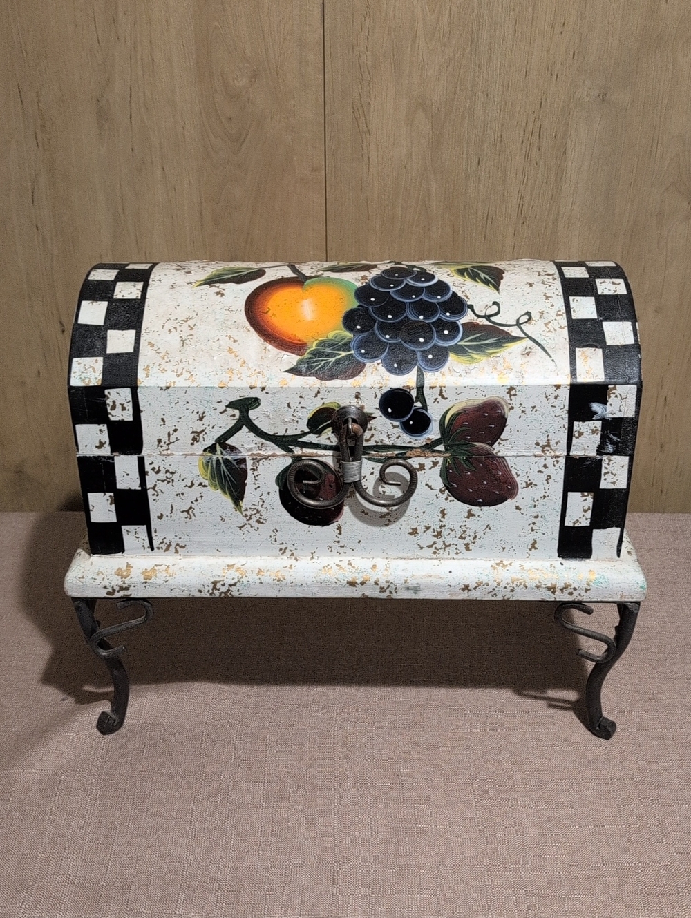 Source Unknown White Hand-Painted Fruit Chest with Black Check Trim